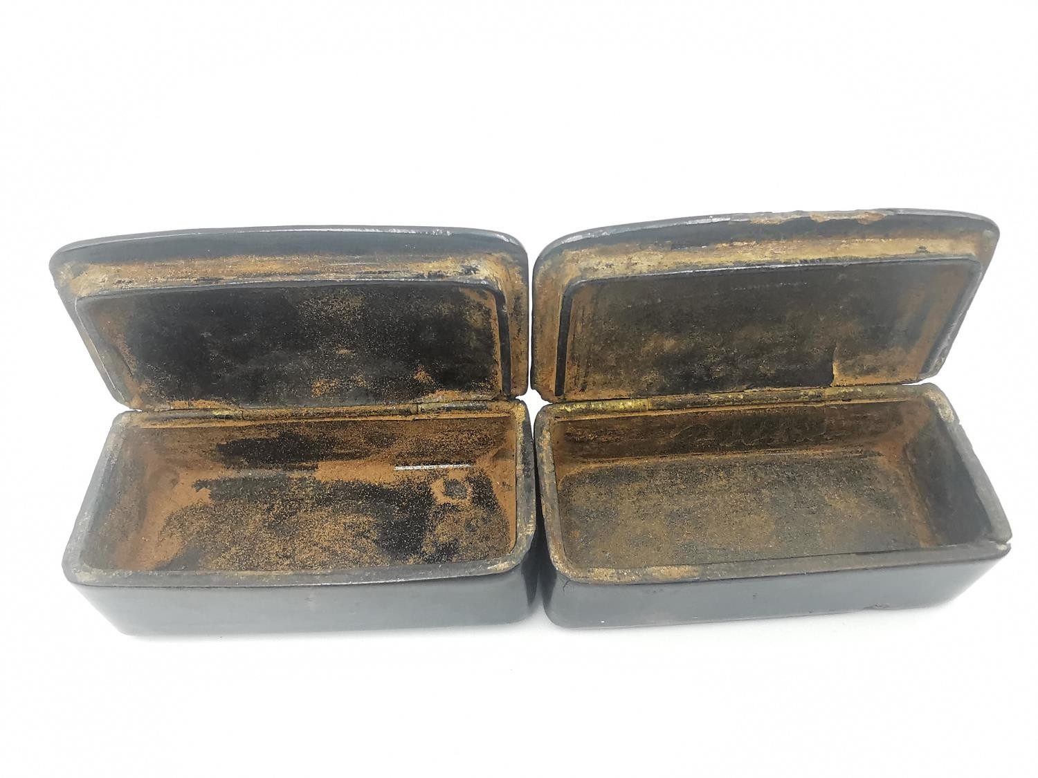 Three 19th century lacquered snuff boxes, one of rectangular form with painted red interior with - Image 8 of 9