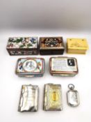 A collection of silver plate, enamel and inlaid 19th and 20th century stamp boxes, including a