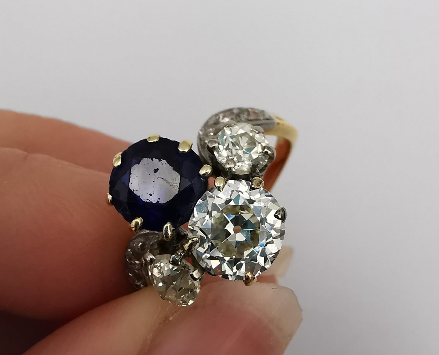 An Art Nouveau old mine diamond and sapphire two stone yellow (18ct gold) and white metal (platinum) - Image 9 of 9