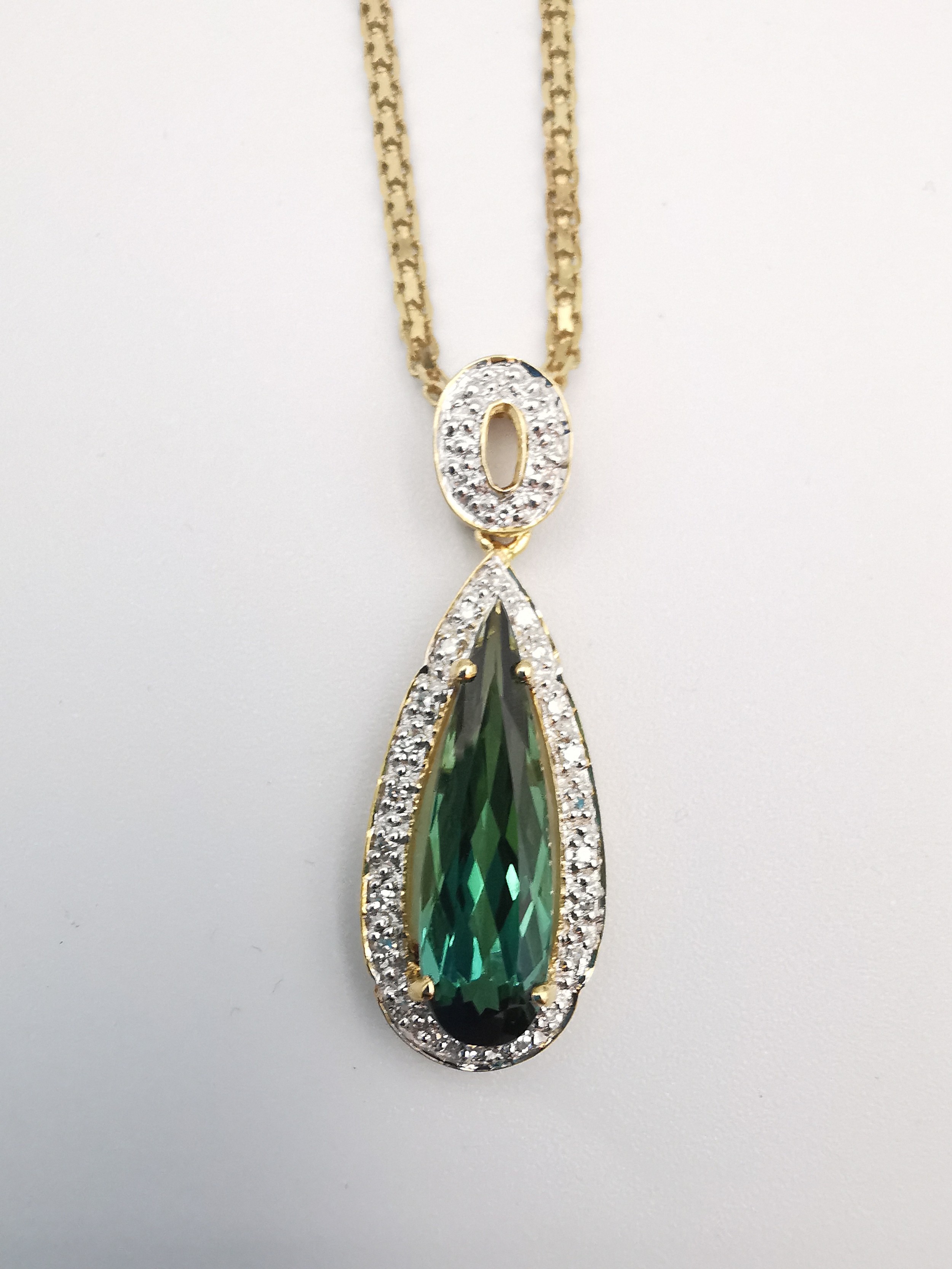 A cased 18 carat diamond and Santa Rosa tourmaline drop pendant on a gold plated silver rope - Image 4 of 9