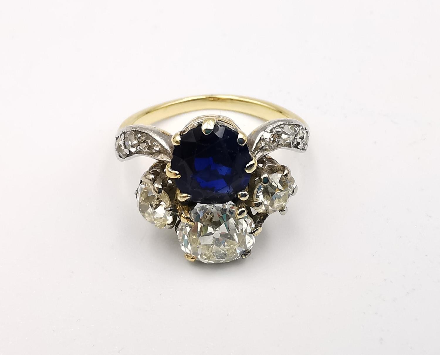 An Art Nouveau old mine diamond and sapphire two stone yellow (18ct gold) and white metal (platinum) - Image 4 of 9