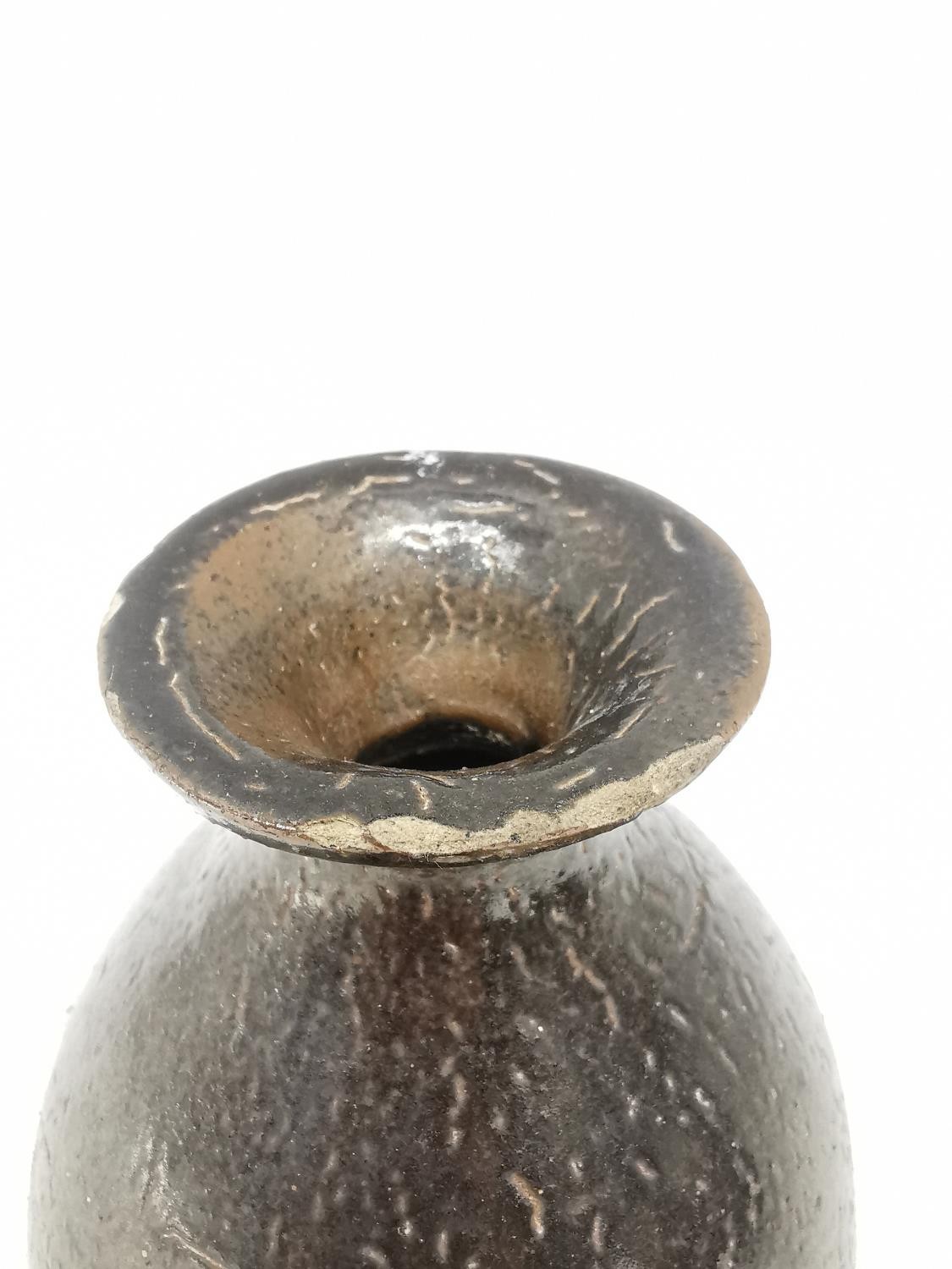 Three 20th century Japanese brown glaze bottle vases with raised character mark to the base. H.15cm - Image 3 of 11