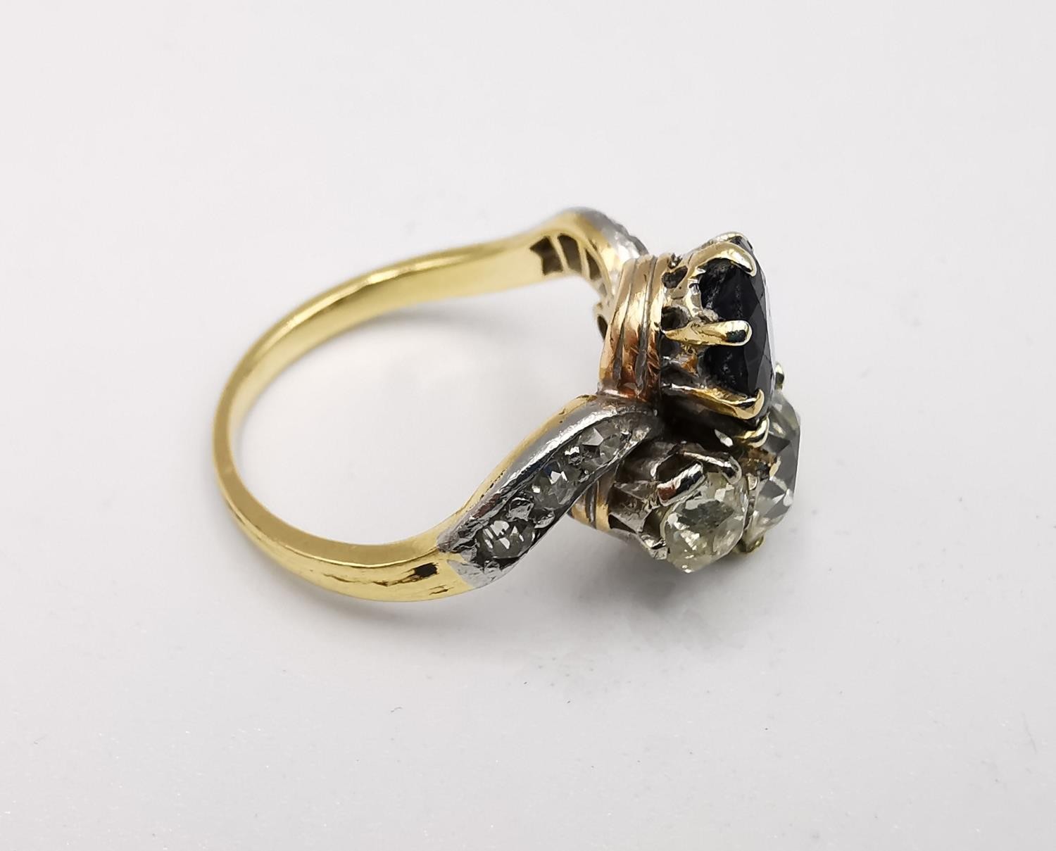 An Art Nouveau old mine diamond and sapphire two stone yellow (18ct gold) and white metal (platinum) - Image 5 of 9