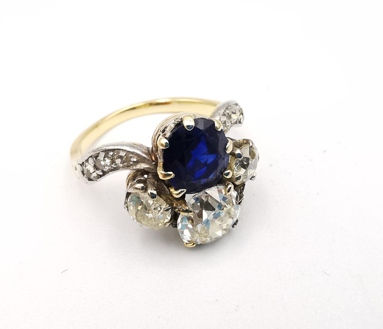 An Art Nouveau old mine diamond and sapphire two stone yellow (18ct gold) and white metal (platinum) - Image 7 of 9