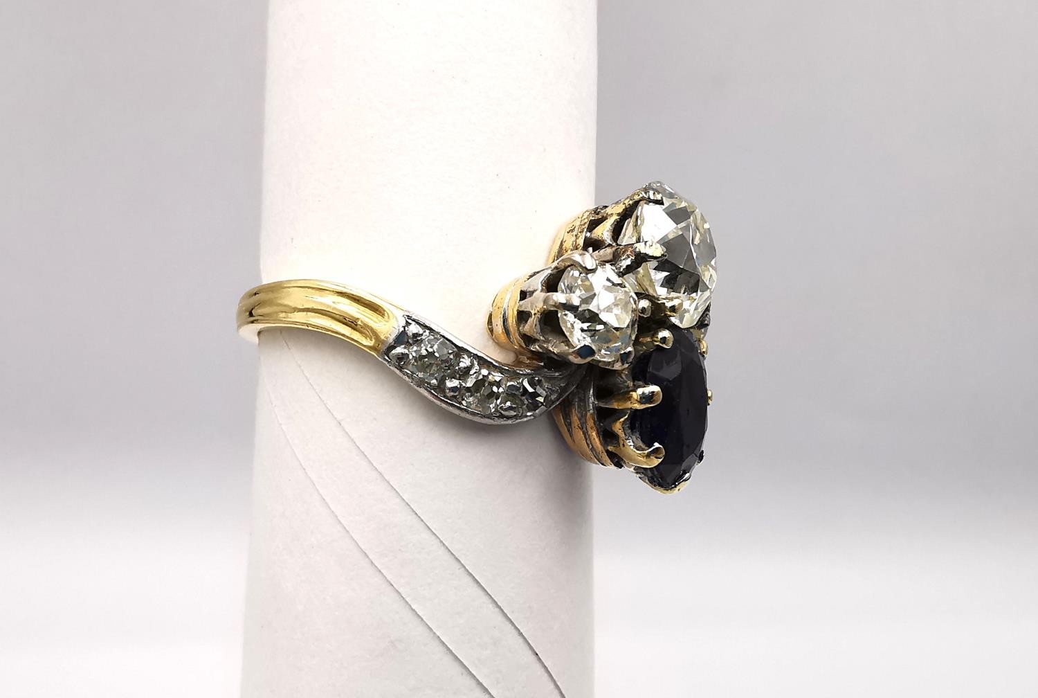 An Art Nouveau old mine diamond and sapphire two stone yellow (18ct gold) and white metal (platinum) - Image 2 of 9