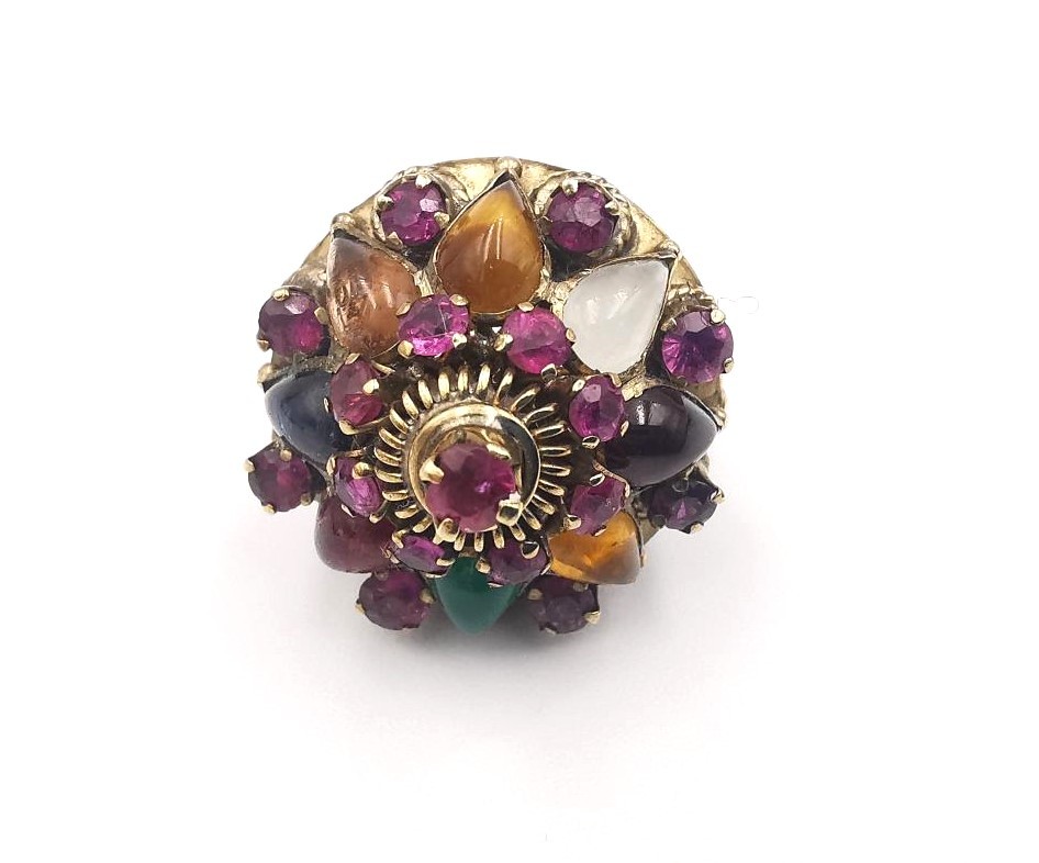 A 14 carat rose gold multi gemstone Harem Thai princess ring. Set with seventeen round mixed cut - Image 4 of 8