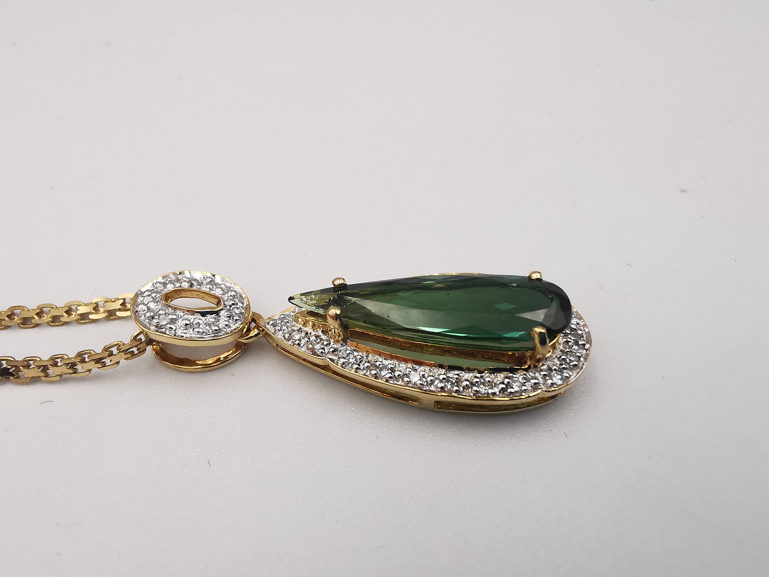 A cased 18 carat diamond and Santa Rosa tourmaline drop pendant on a gold plated silver rope - Image 5 of 9