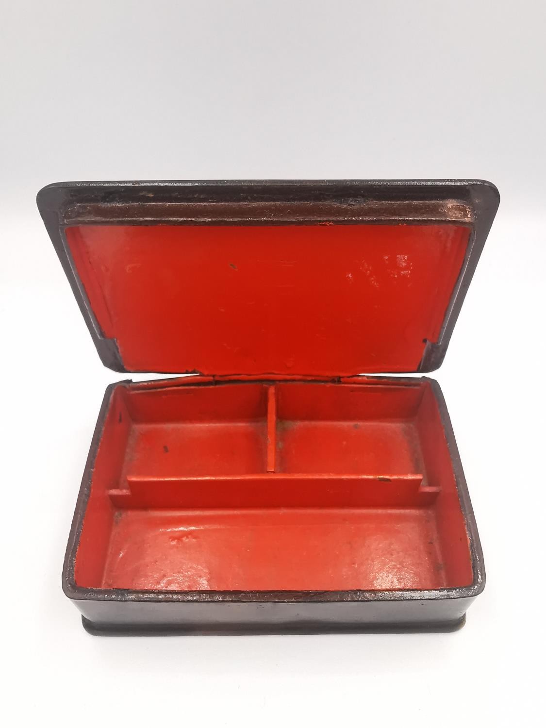 Three 19th century lacquered snuff boxes, one of rectangular form with painted red interior with - Image 4 of 9