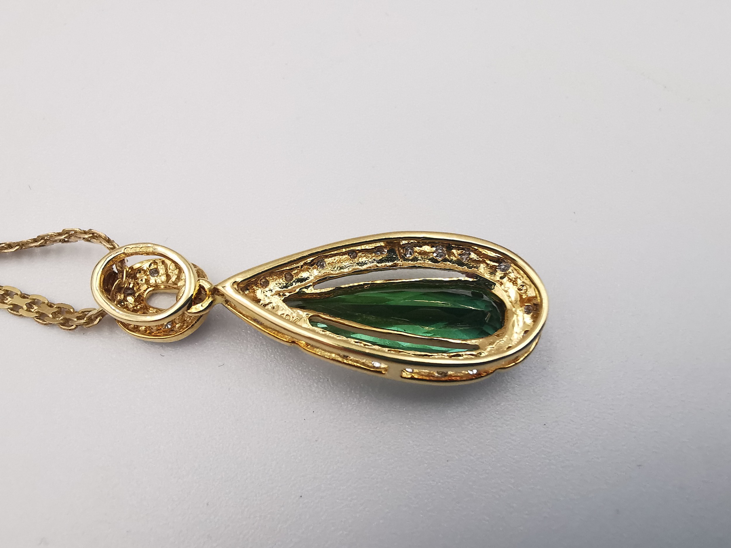 A cased 18 carat diamond and Santa Rosa tourmaline drop pendant on a gold plated silver rope - Image 6 of 9