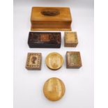 A collection of seven Victorian Tunbridge ware and Mauchline ware stamp boxes, including three