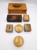 A collection of seven Victorian Tunbridge ware and Mauchline ware stamp boxes, including three