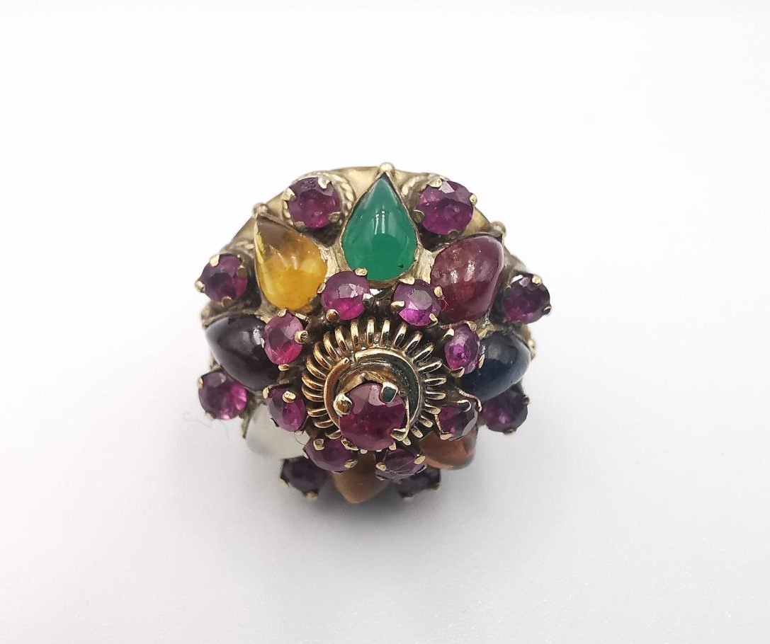 A 14 carat rose gold multi gemstone Harem Thai princess ring. Set with seventeen round mixed cut - Image 5 of 8