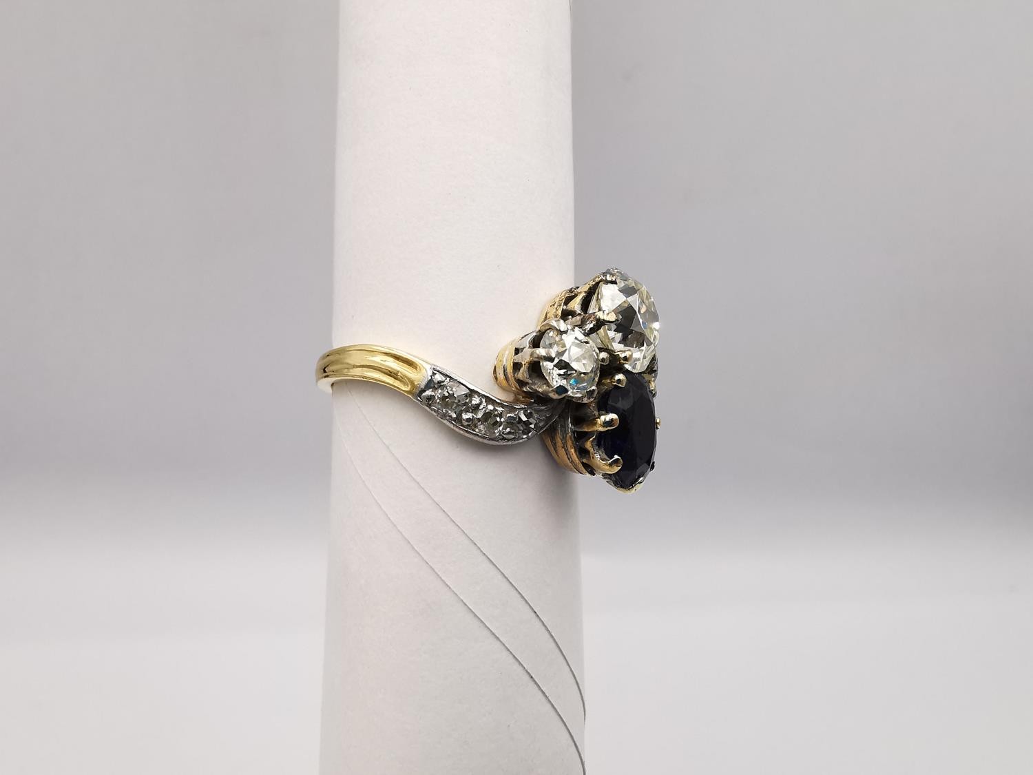 An Art Nouveau old mine diamond and sapphire two stone yellow (18ct gold) and white metal (platinum) - Image 3 of 9