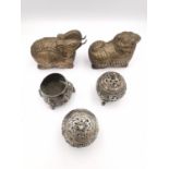 A collection of Indian and Chinese white metal items (tests as silver), including two repousse