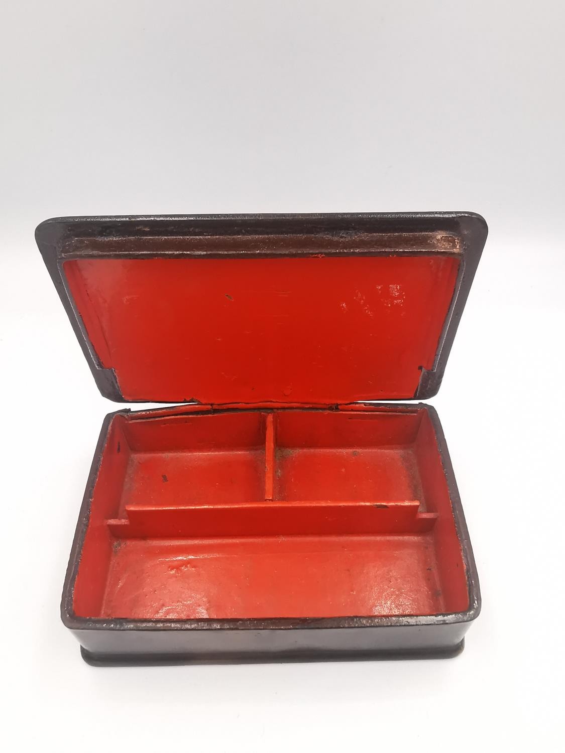 Three 19th century lacquered snuff boxes, one of rectangular form with painted red interior with - Image 3 of 9