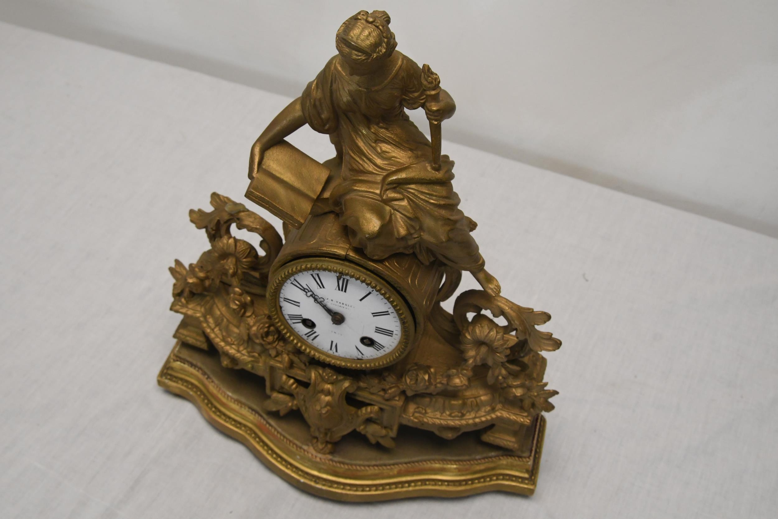 A French gilt metal figural clock with white enamelled dial. H.38 W.28 D.10 - Image 3 of 4