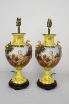 After Francois Boucher Shepherd, a pair of transfer printed and gilded classical figural design twin