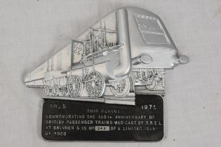 GWR plaque. Commemorating the 150th anniversary of British Passenger trains. Cast by B.R.E.L at