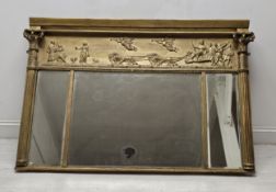 A Regency giltwood and gesso overmantel with classical frieze and triple plates flanked by
