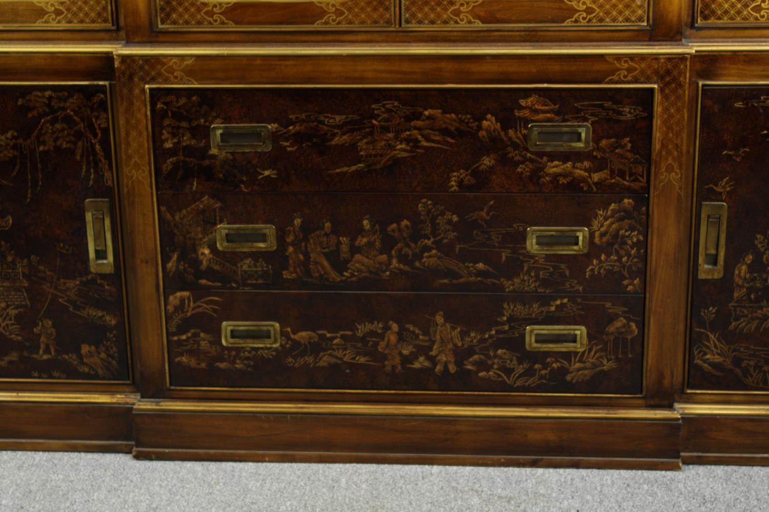 Library bookcase, mid 20th century, Georgian style Chinoiserie lacquered, in two sections. H.219 W. - Image 5 of 7