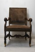 Library armchair, 19th century walnut framed in the antique style in faux suede upholstery. H.113
