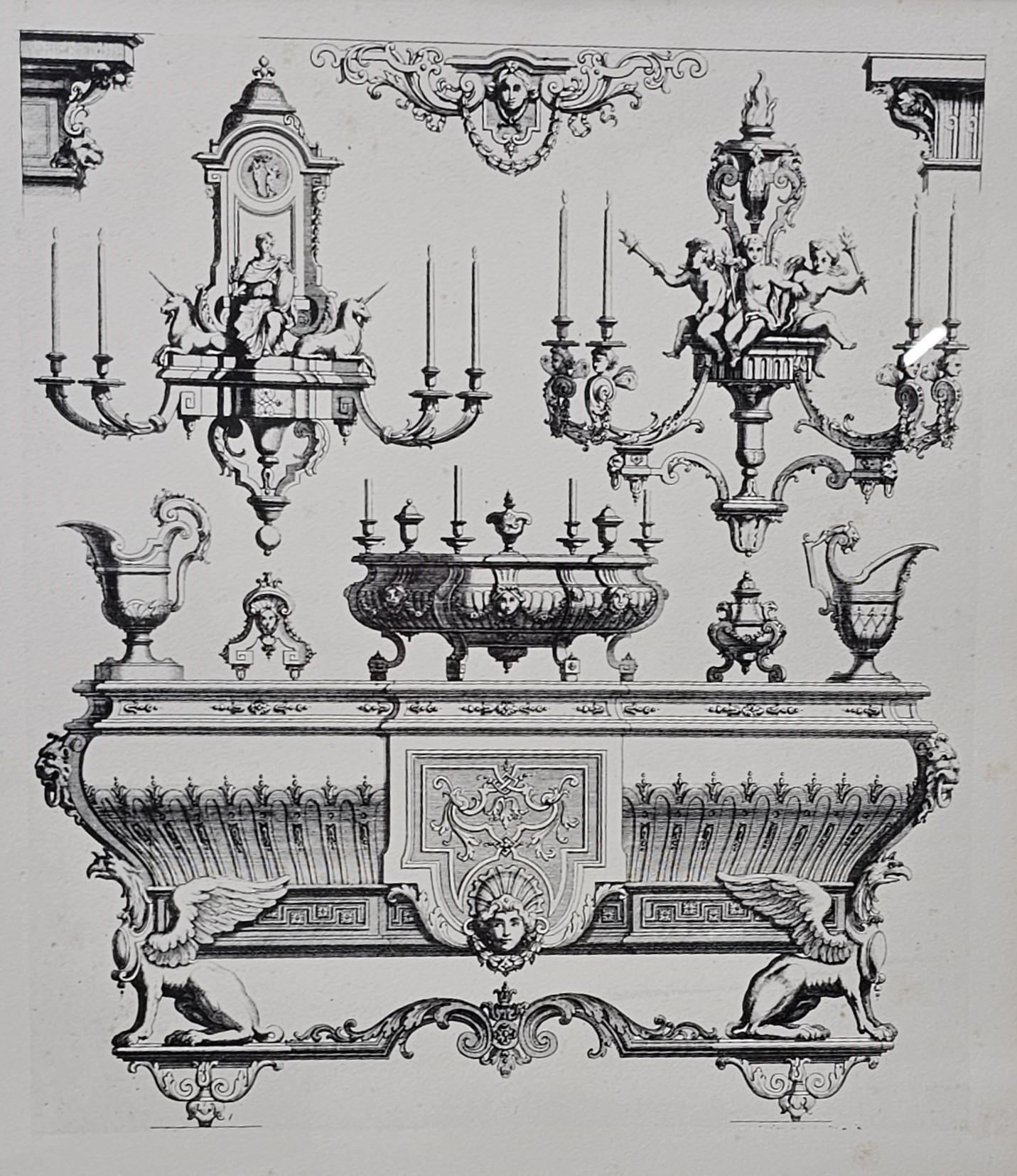 A set of four contemporary framed and glazed prints, Louis XV style furniture and furnishings. H. - Image 3 of 5