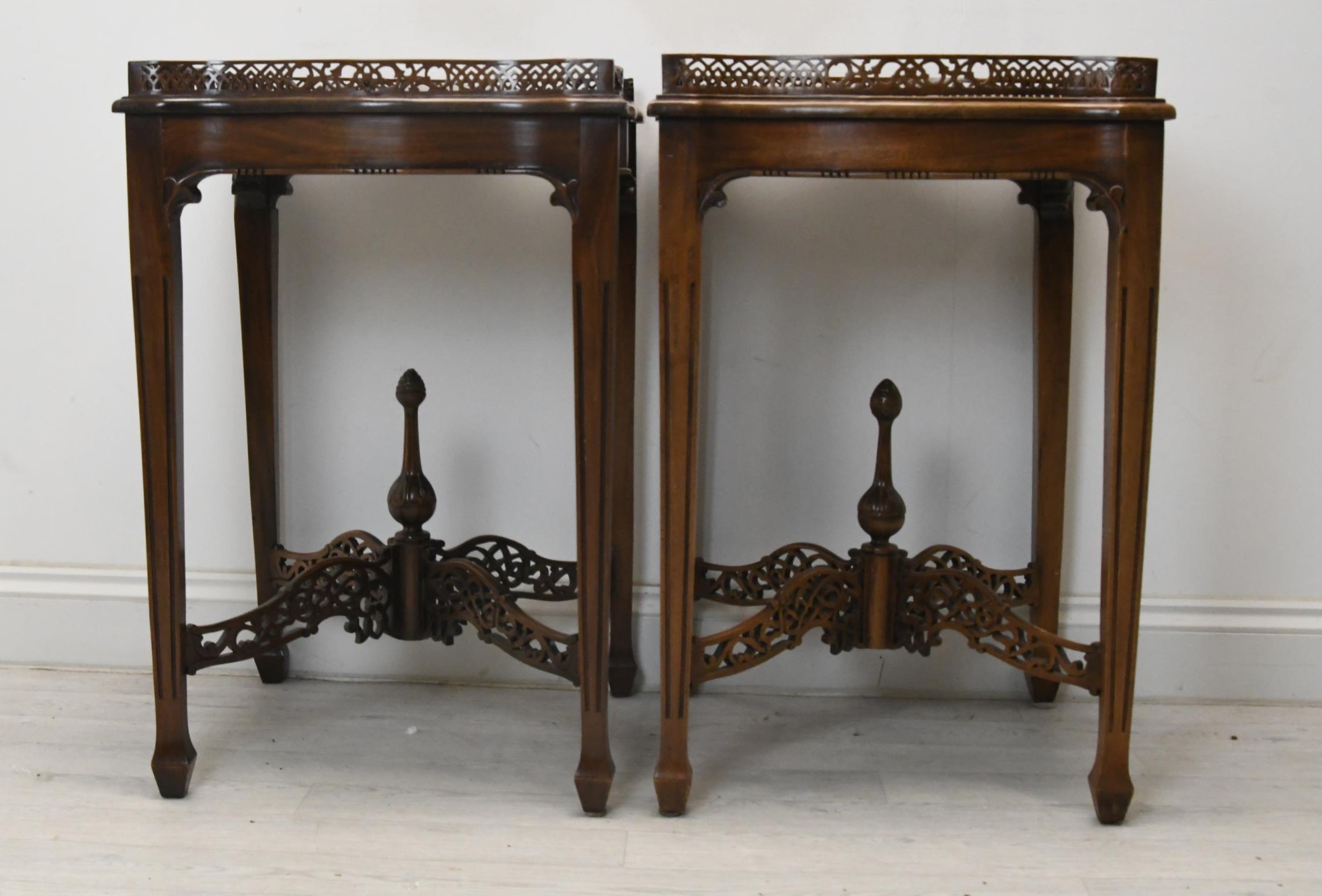 Lamp tables or occasional tables, a pair, Chippendale style mahogany. H.75 W.48 D.48 (In need of - Image 2 of 8