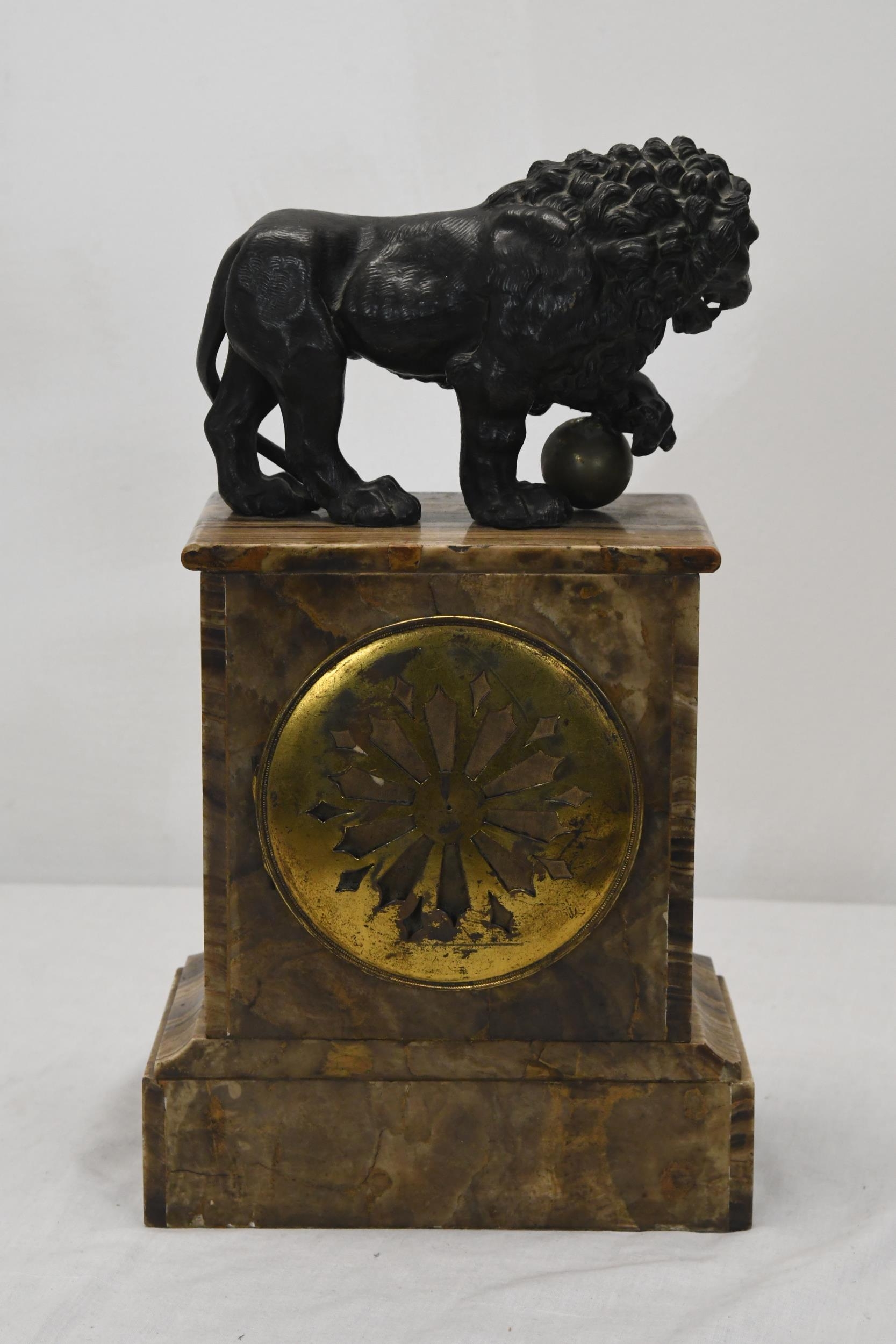 A 19th century marble mantel clock with a bronze Medici lion surmount. H.37 W.17 D.13 - Image 3 of 3