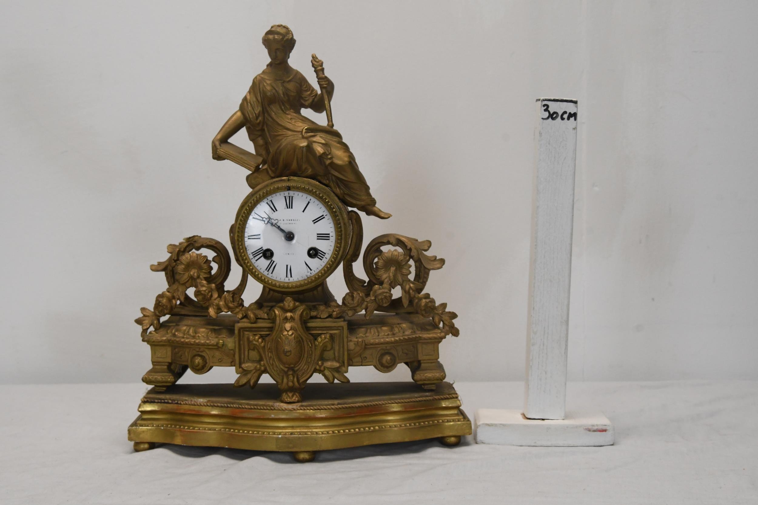 A French gilt metal figural clock with white enamelled dial. H.38 W.28 D.10 - Image 2 of 4