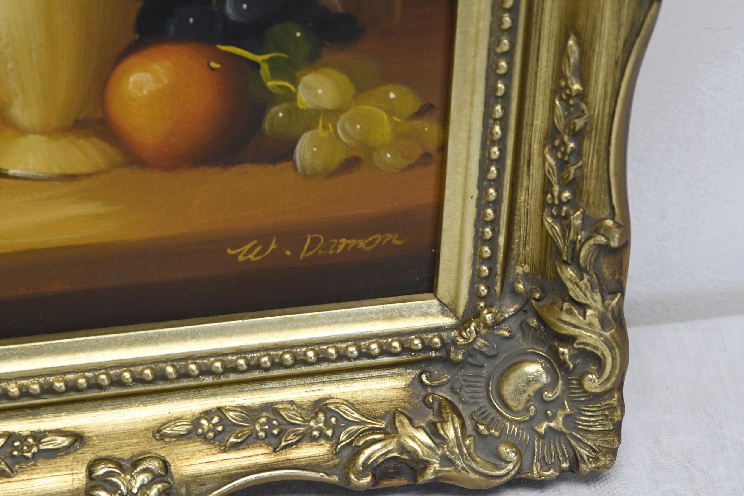 A gold painted moulded framed oil on canvas of a still life depicting a bottle of wine and fruit, - Image 3 of 3