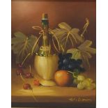 A gold painted moulded framed oil on canvas of a still life depicting a bottle of wine and fruit,