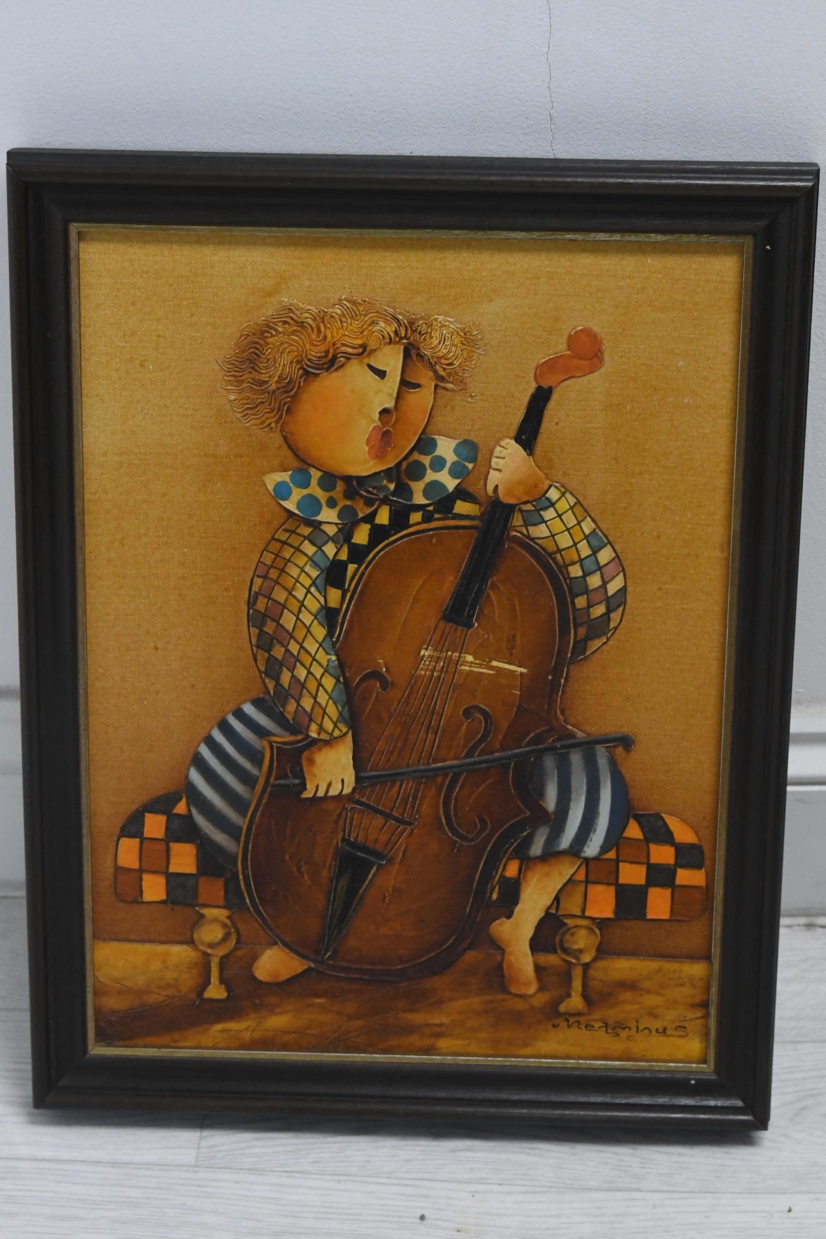 Four framed oil on canvases of musicians playing different instruments, signed J. Medminus. H.35 W. - Image 2 of 7