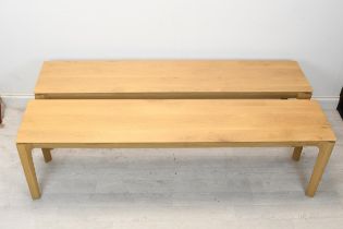 A pair of contemporary oak Bok benches by Ethnicraft. H.48 W.166 D.36