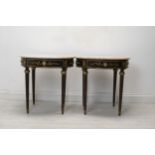 Lamp or occasional tables, a pair, marble topped mahogany Empire style with ormolu mounts. H.60