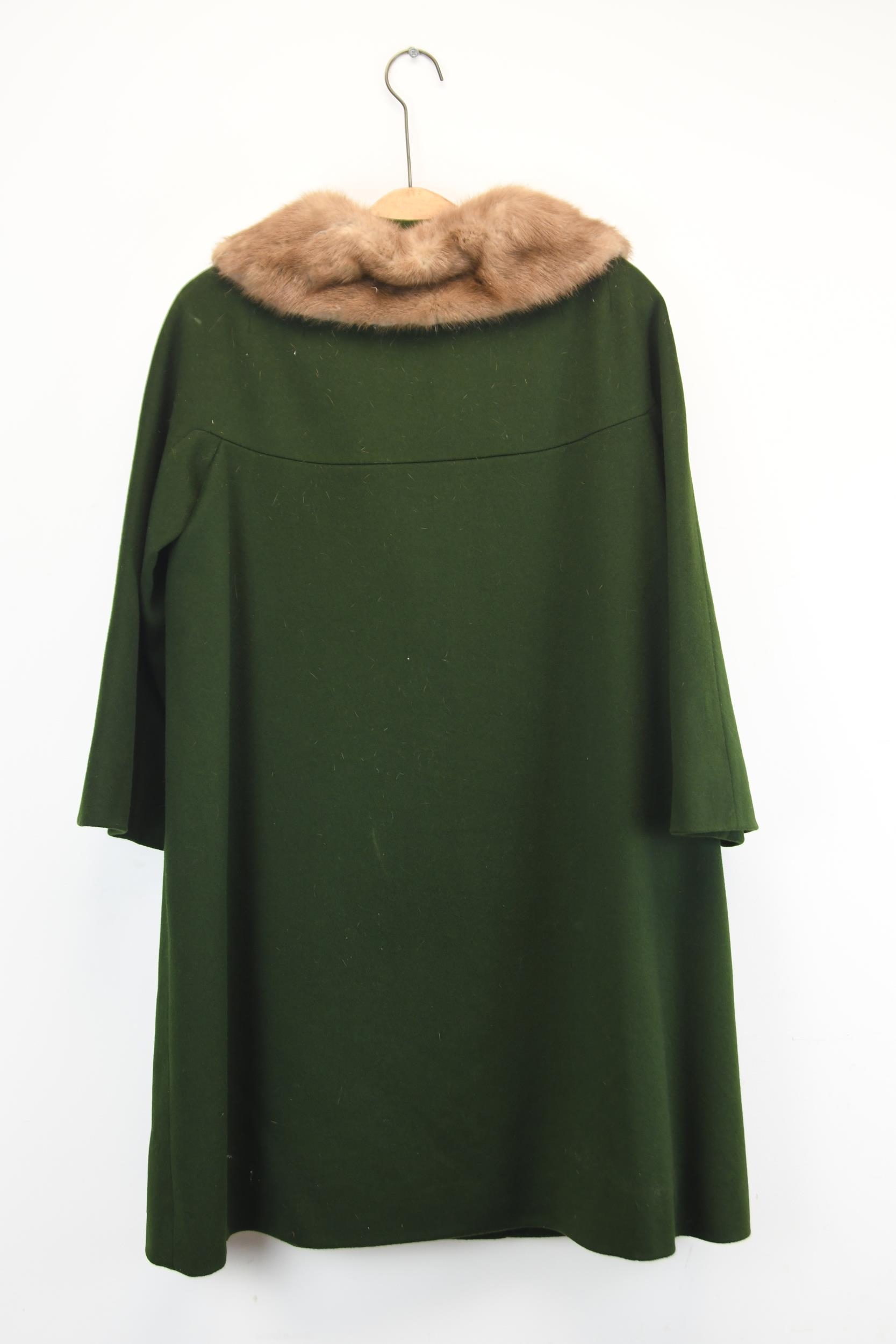 A vintage Harrod's army green women's winter coat with a mink fur collar. Label to interior. - Image 4 of 4
