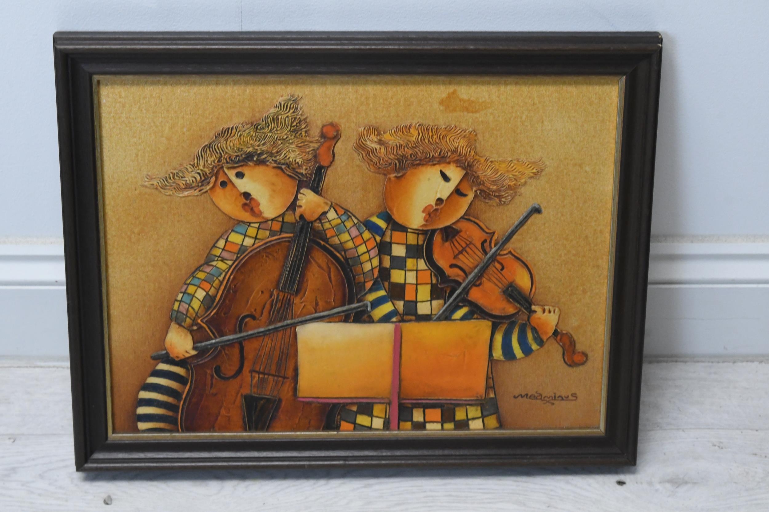 Four framed oil on canvases of musicians playing different instruments, signed J. Medminus. H.35 W. - Image 4 of 7