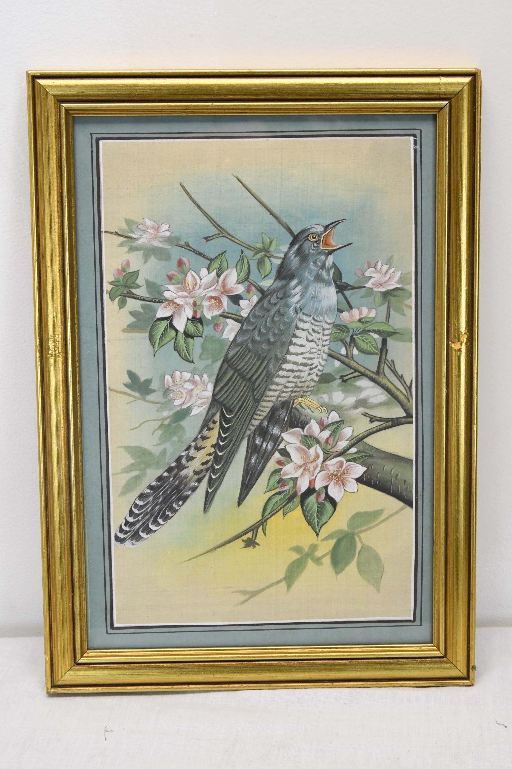 A framed and glazed painting on fabric of a cuckoo in the blossom tree, unsigned. H.36 W.26 - Image 2 of 3