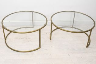 A pair of contemporary brass and glass coffee or lamp tables. H.36 W.70