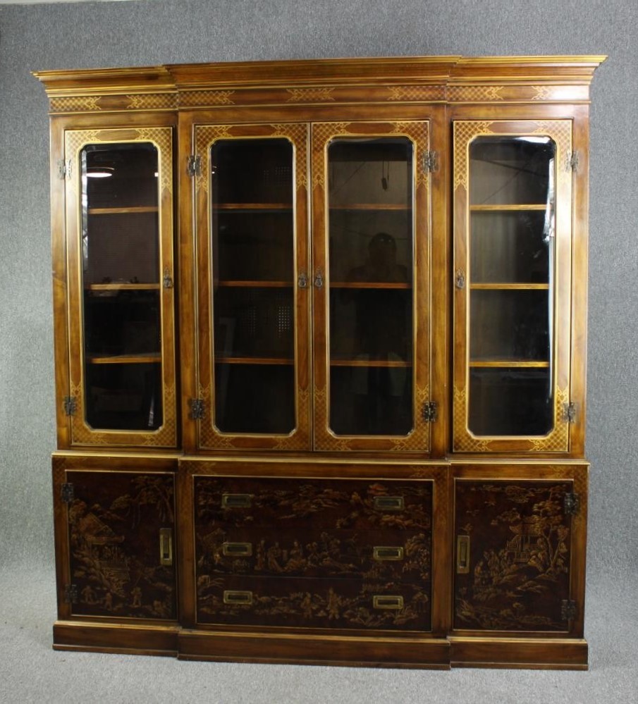 Library bookcase, mid 20th century, Georgian style Chinoiserie lacquered, in two sections. H.219 W.