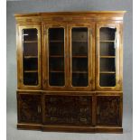 Library bookcase, mid 20th century, Georgian style Chinoiserie lacquered, in two sections. H.219 W.