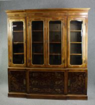 Library bookcase, mid 20th century, Georgian style Chinoiserie lacquered, in two sections. H.219 W.