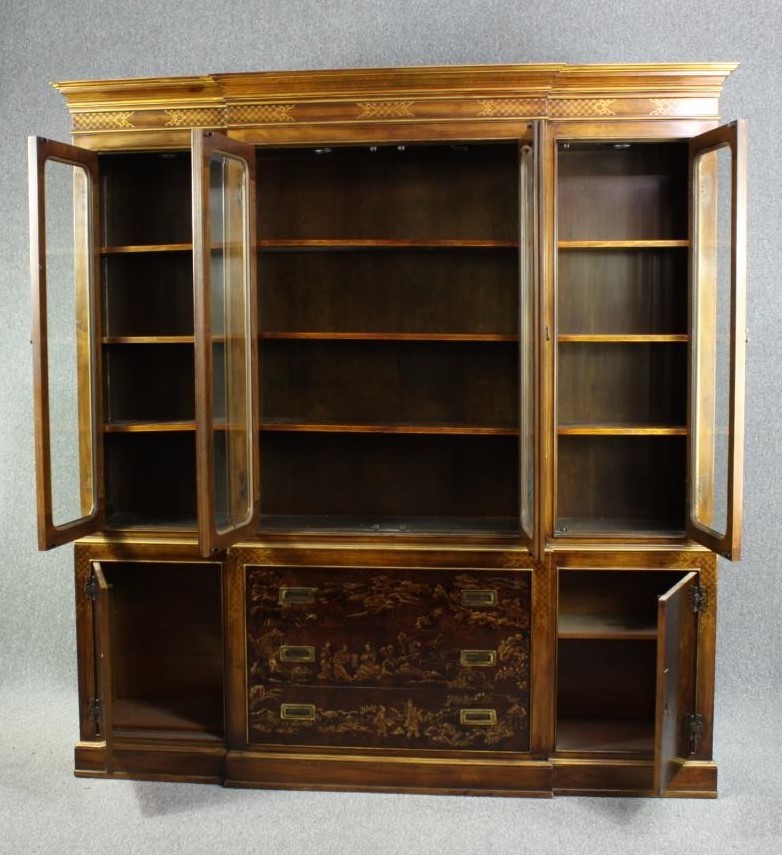 Library bookcase, mid 20th century, Georgian style Chinoiserie lacquered, in two sections. H.219 W. - Image 2 of 7