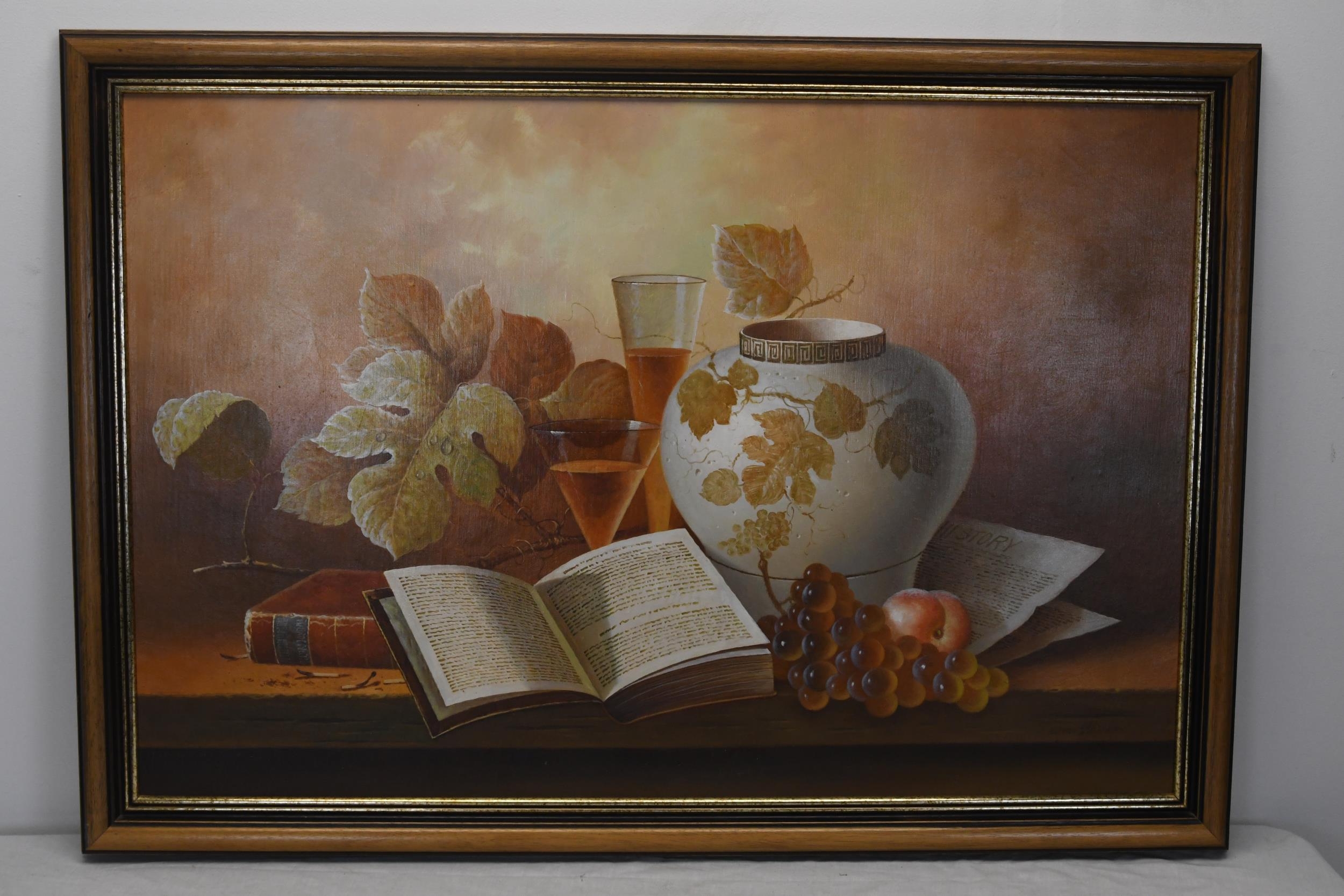 W. M. Steiner, a framed oil on canvas still life depicting an open book, a vase and fruit. Signed. - Image 2 of 4