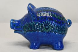 Aldo Londi for Bitossi, a mid century Rimini blue glaze stoneware piggy bank with impressed