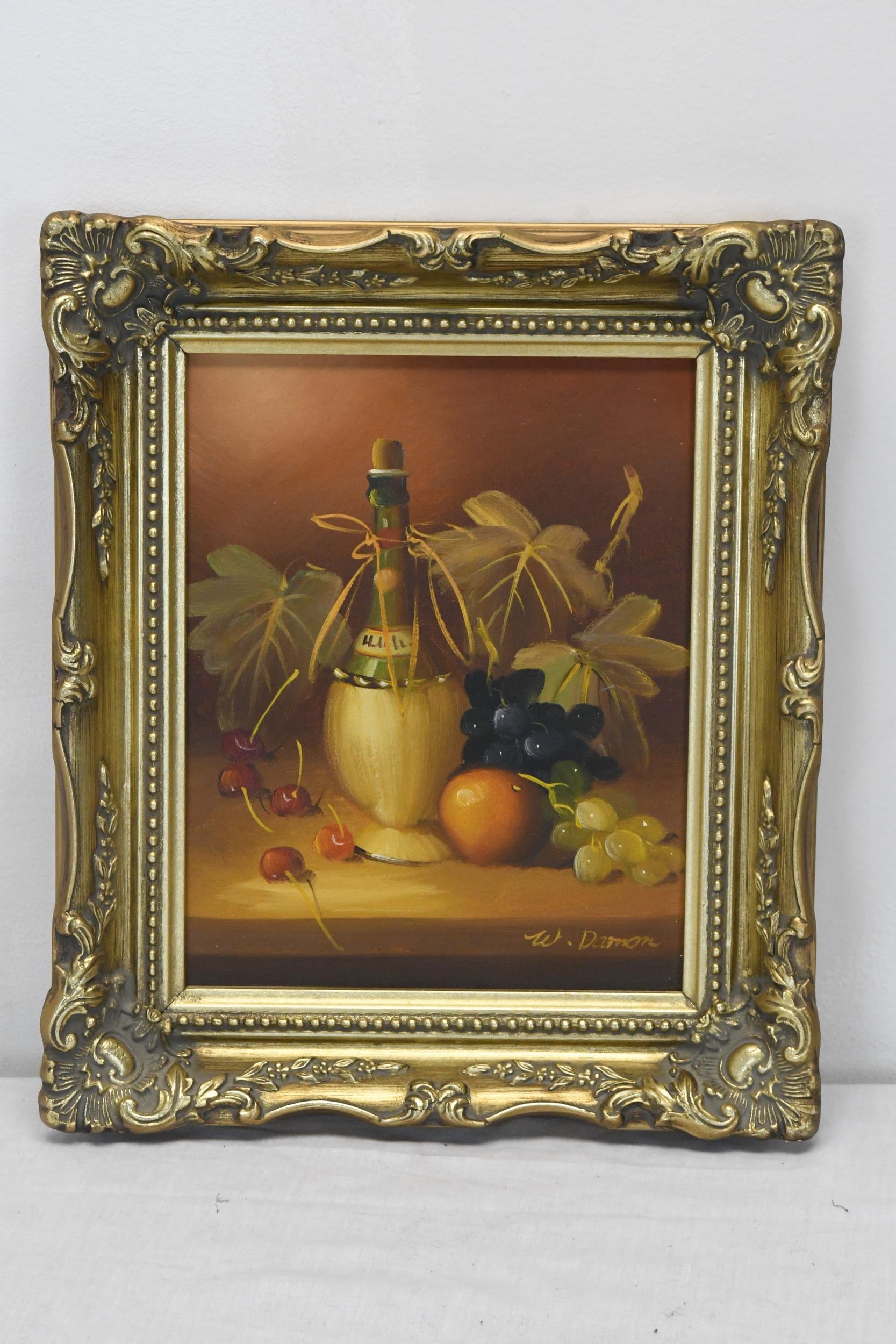 A gold painted moulded framed oil on canvas of a still life depicting a bottle of wine and fruit, - Image 2 of 3