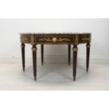 Coffee table, marble and mahogany Empire style with ormolu mounts. H.49 C.85