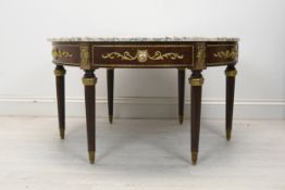 Coffee table, marble and mahogany Empire style with ormolu mounts. H.49 C.85
