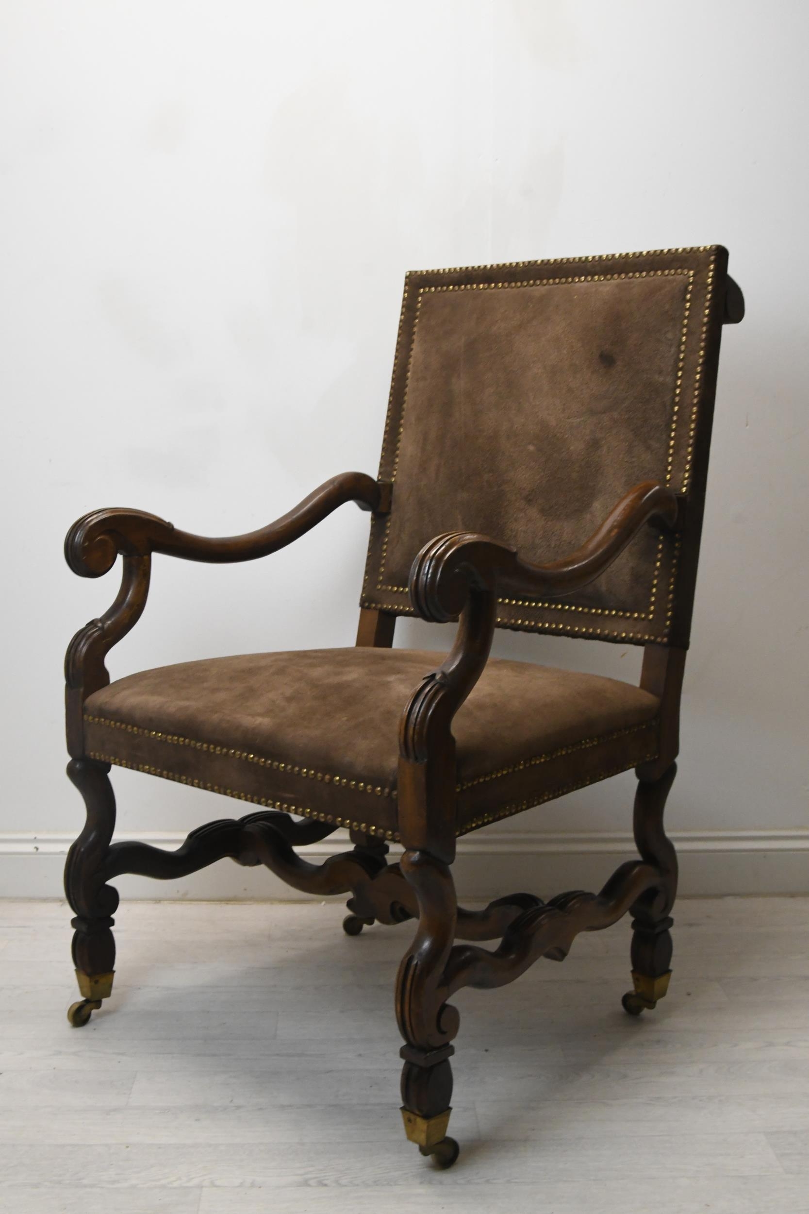 Library armchair, 19th century walnut framed in the antique style in faux suede upholstery. H.113 - Image 2 of 4