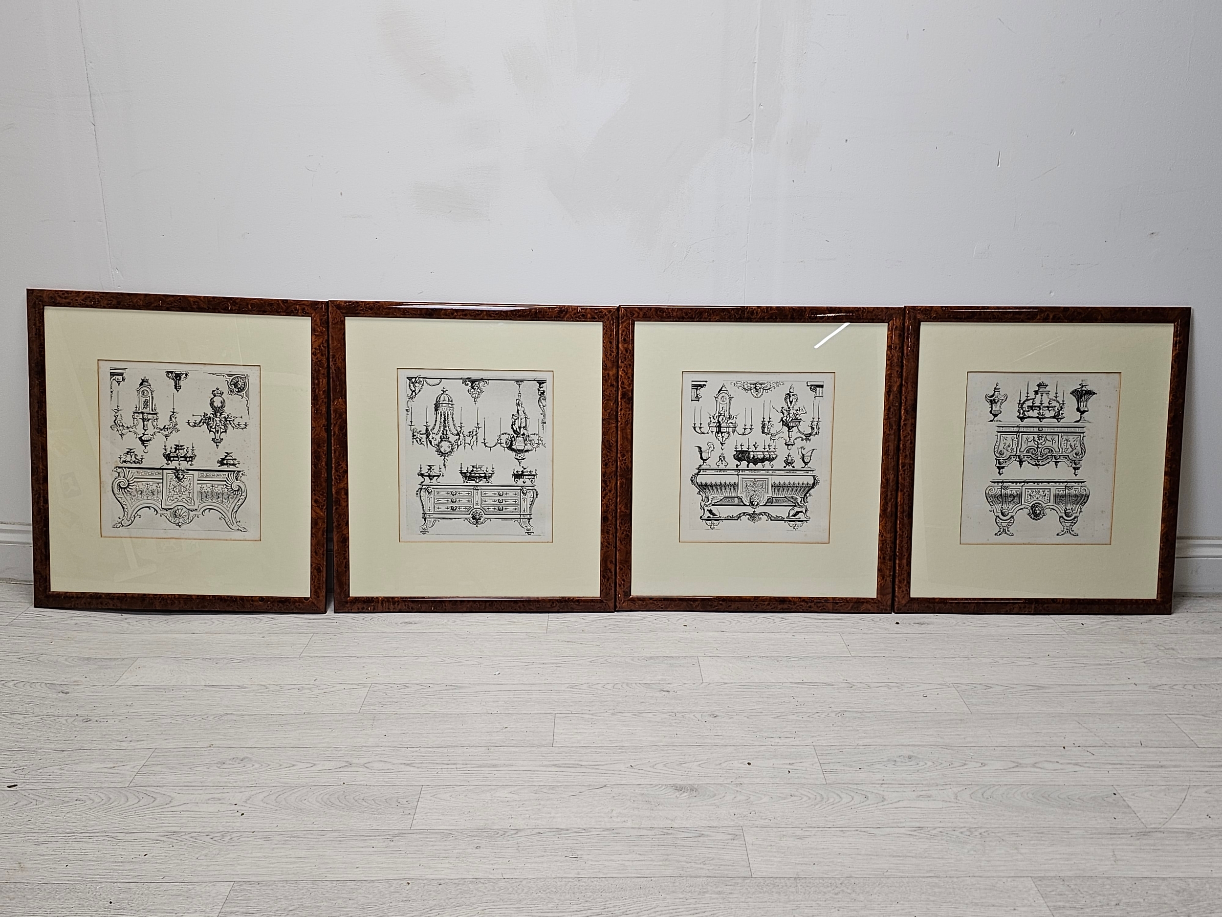 A set of four contemporary framed and glazed prints, Louis XV style furniture and furnishings. H.