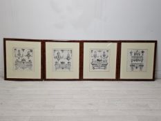 A set of four contemporary framed and glazed prints, Louis XV style furniture and furnishings. H.